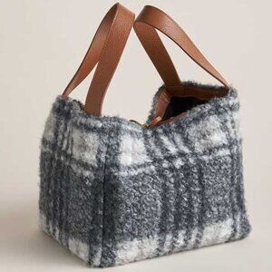 Sundance Maple Glen‎ Teddy Plaid Tote Bag Felted Textured Pebbled Leather Gray